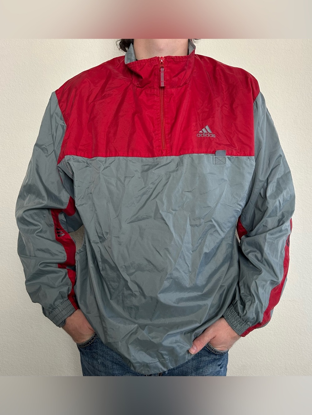 Vintage ADIDAS 1990s Red and Gray Jacket Quarter Zip Windbreaker Men’s Sz XL